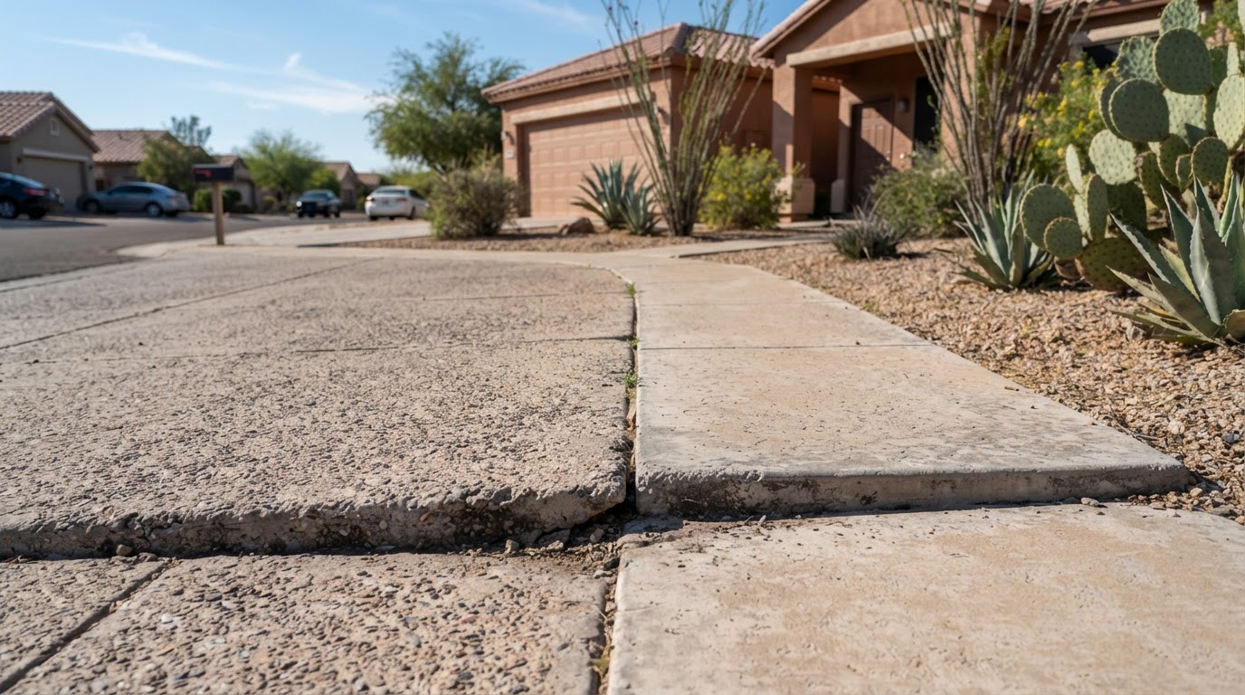 Driveway to walkway concrete transition showing a height difference where the two surfaces meet