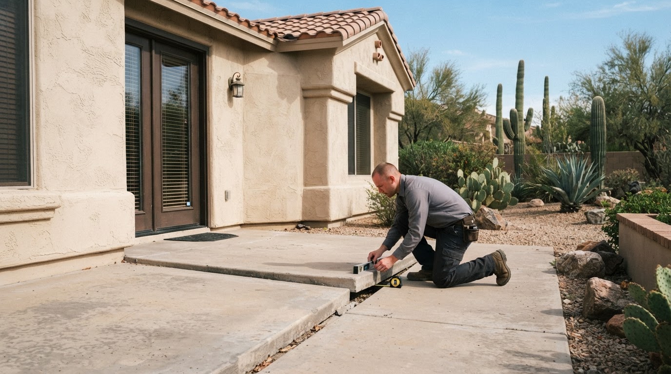 Settled backyard concrete patio at a Gilbert, Arizona stucco home with one slab section visibly dropped