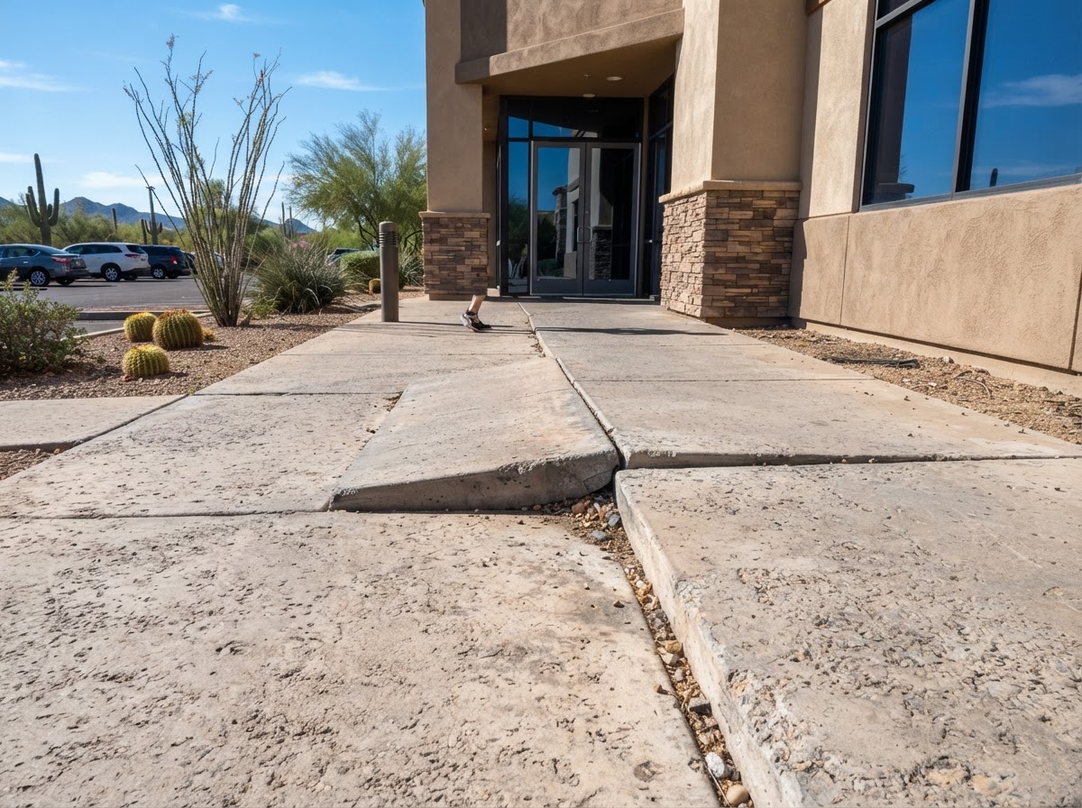 Retail or office building pedestrian walkway with settled slabs near an entrance