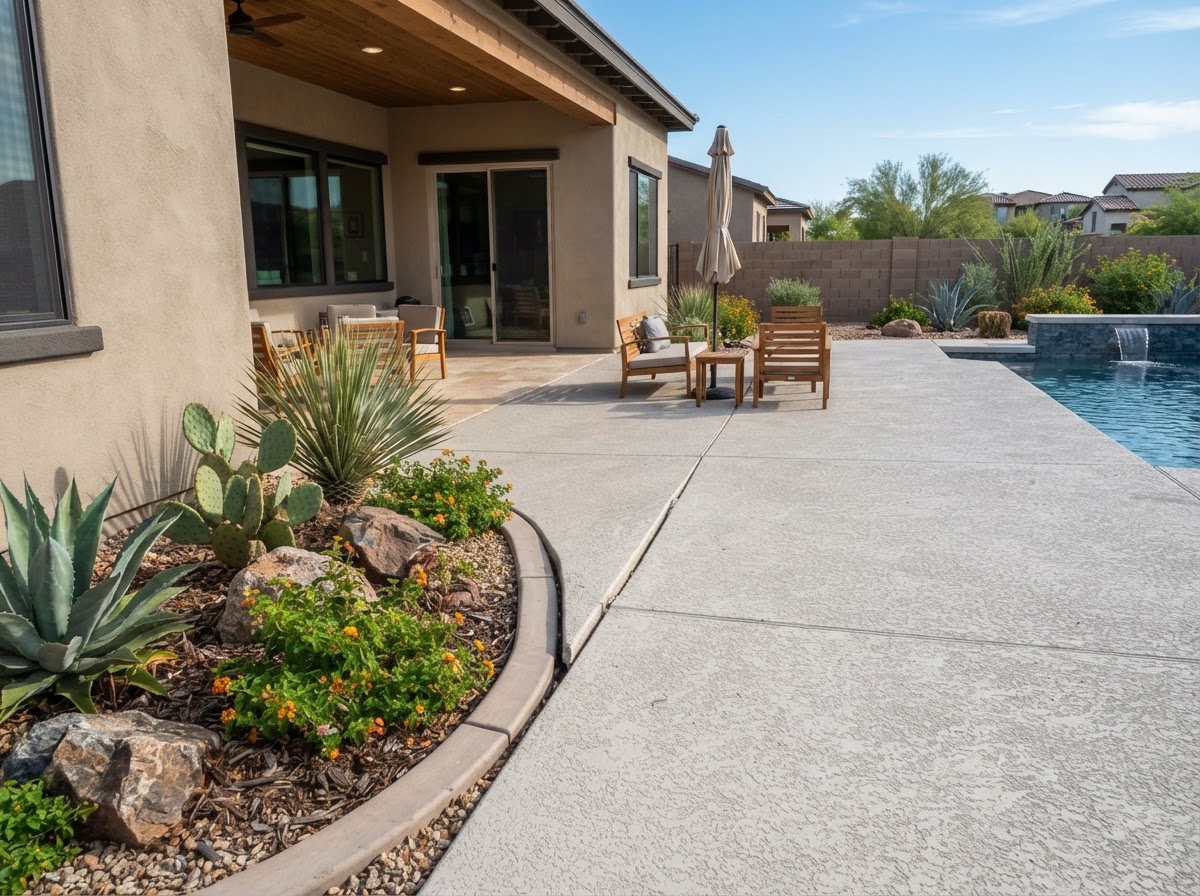 Backyard patio or pool deck at a newer San Tan Valley home with a settled section