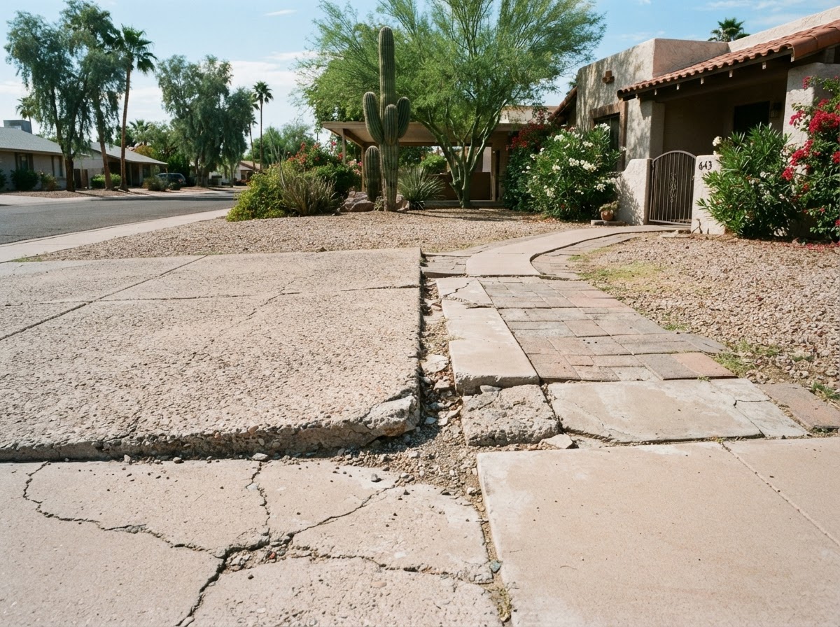 Uneven sidewalk panel transition in an established Mesa neighborhood