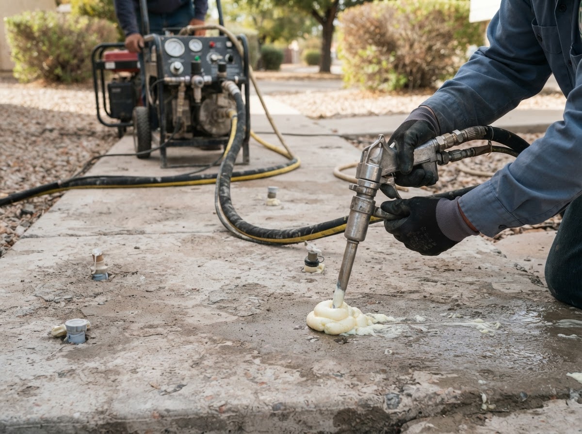 Polyurethane foam injection equipment with small drilled holes in a concrete slab