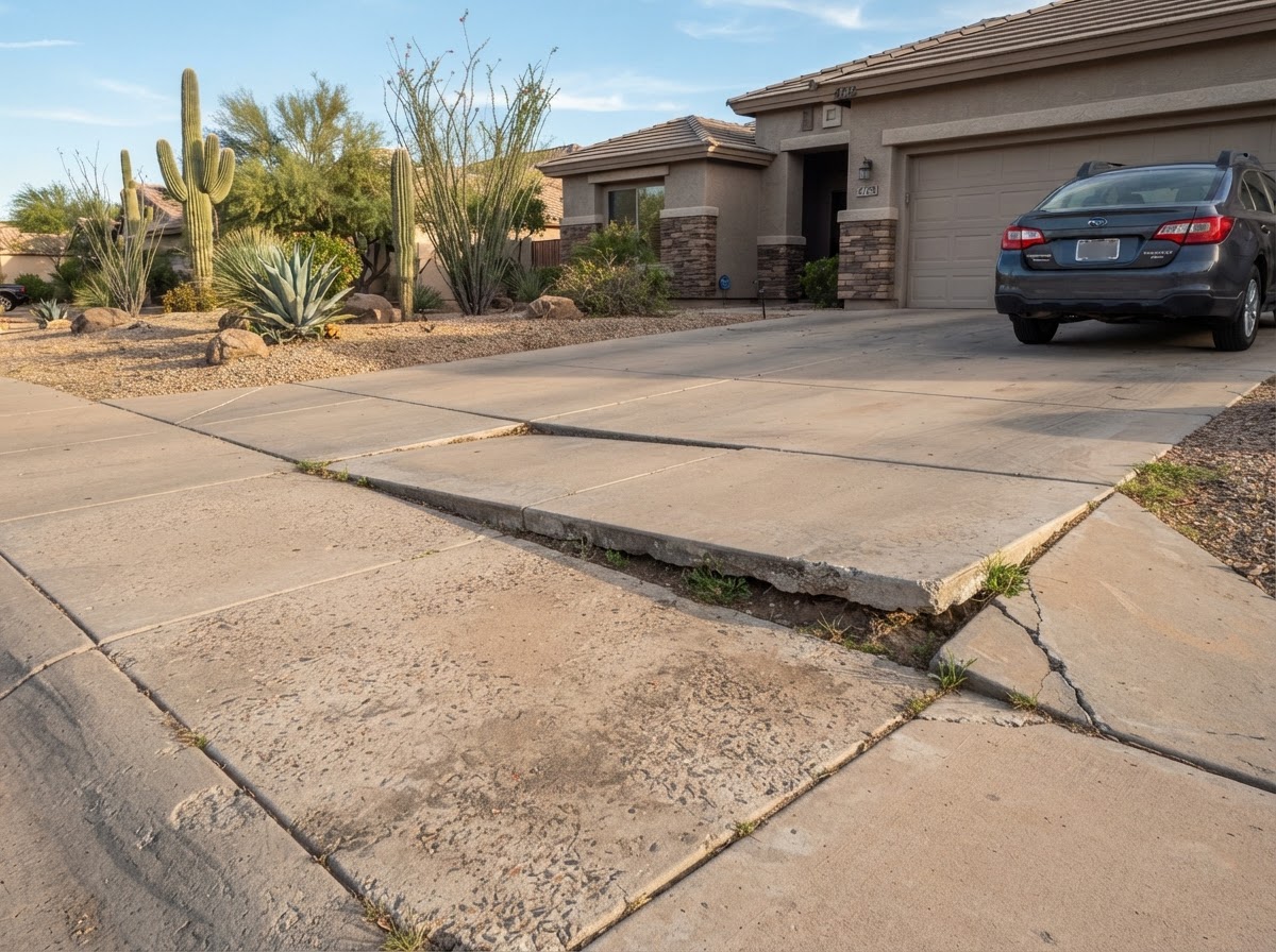 Multi-panel residential driveway with settled panels creating uneven transitions