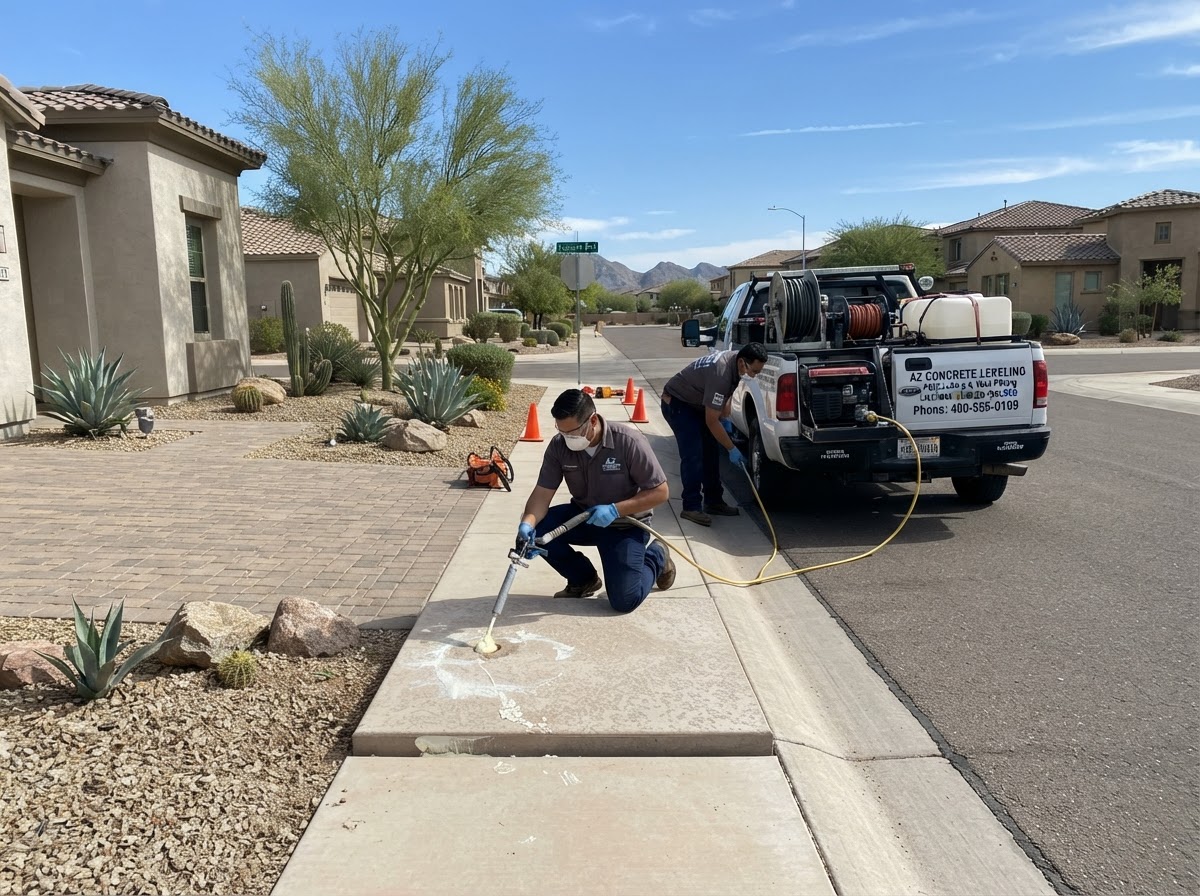 Polyurethane foam injection work on a settled sidewalk panel in a newer San Tan Valley HOA community