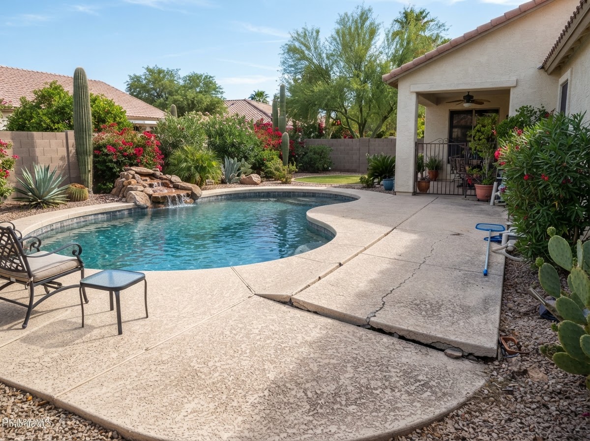 Backyard patio and pool deck at a mature Sun Lakes home with a settled section