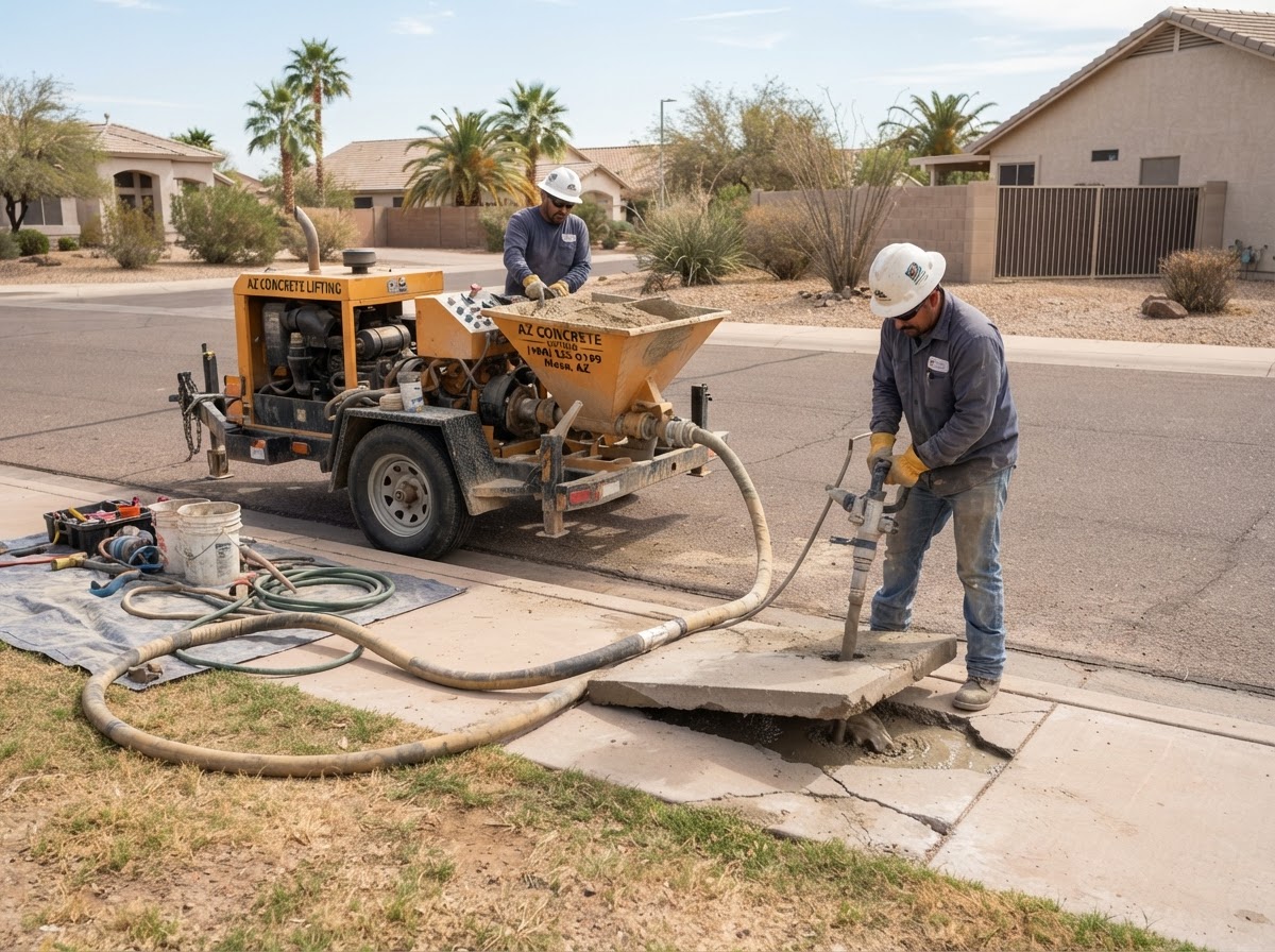Mudjacking and concrete lifting equipment at a Mesa residential slab