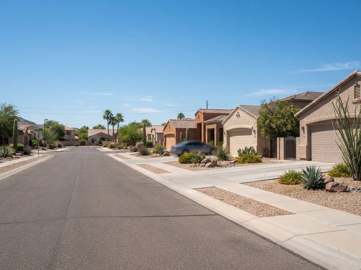 Gilbert East Valley residential streetscape with concrete driveways and sidewalks