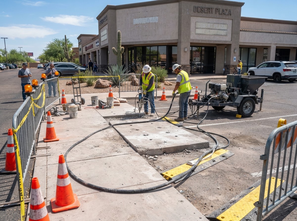 Commercial concrete leveling work zone with site-control setup around a sidewalk section