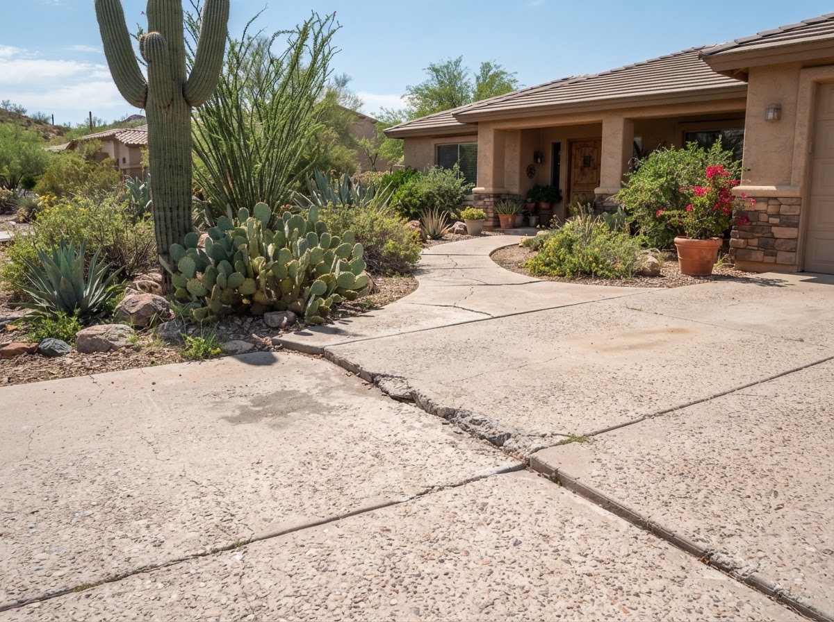 Established Mesa neighborhood driveway and walkway with older concrete and an uneven transition
