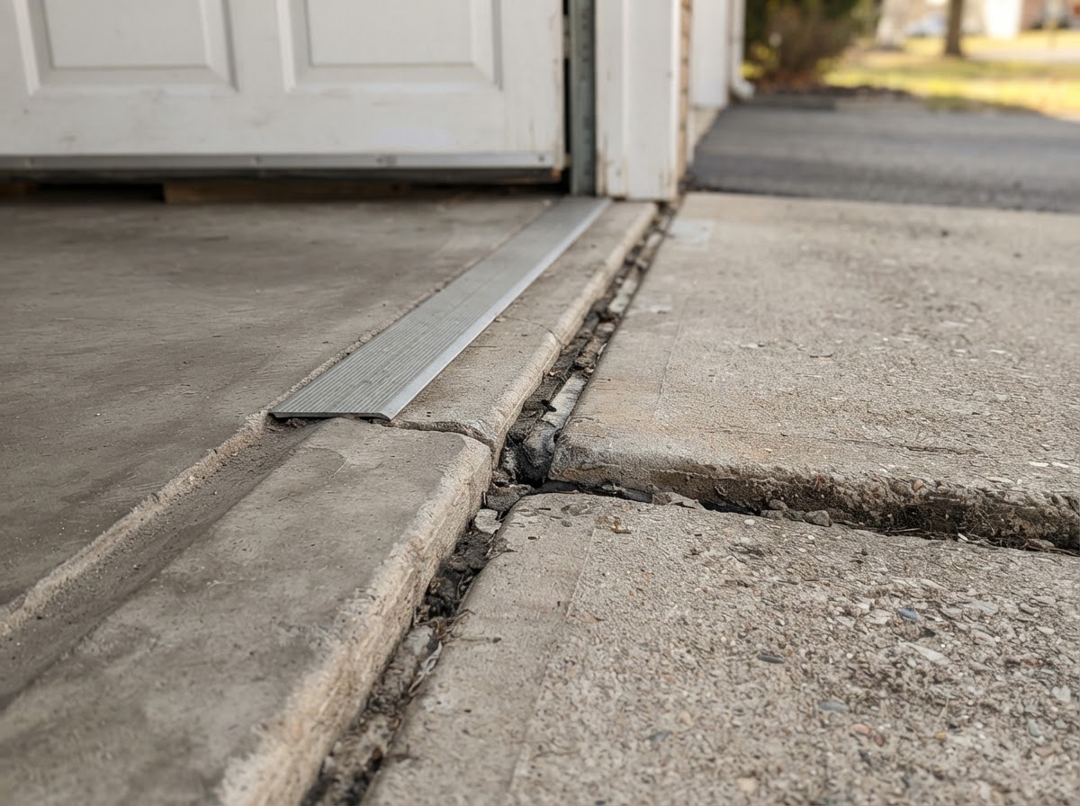 Concrete garage-to-driveway transition with a height offset where the driveway has settled