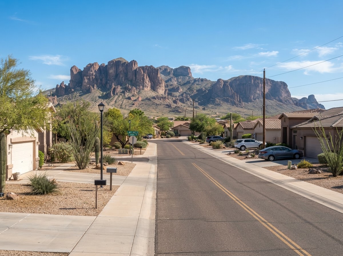 Apache Junction streetscape with Superstition-area desert foothill visual context and residential concrete flatwork
