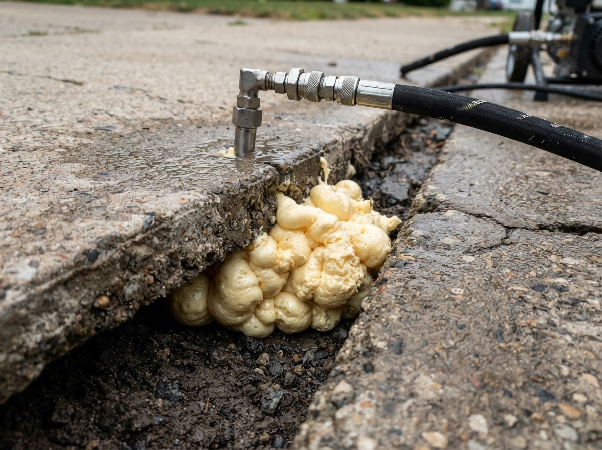 Polyurethane foam injection through small holes in a concrete slab
