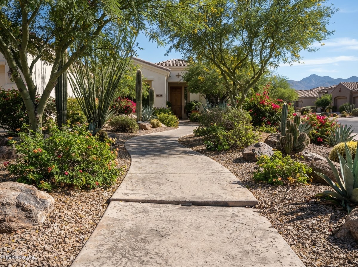 Sun Lakes residential streetscape with mature landscaping and concrete flatwork in an established community