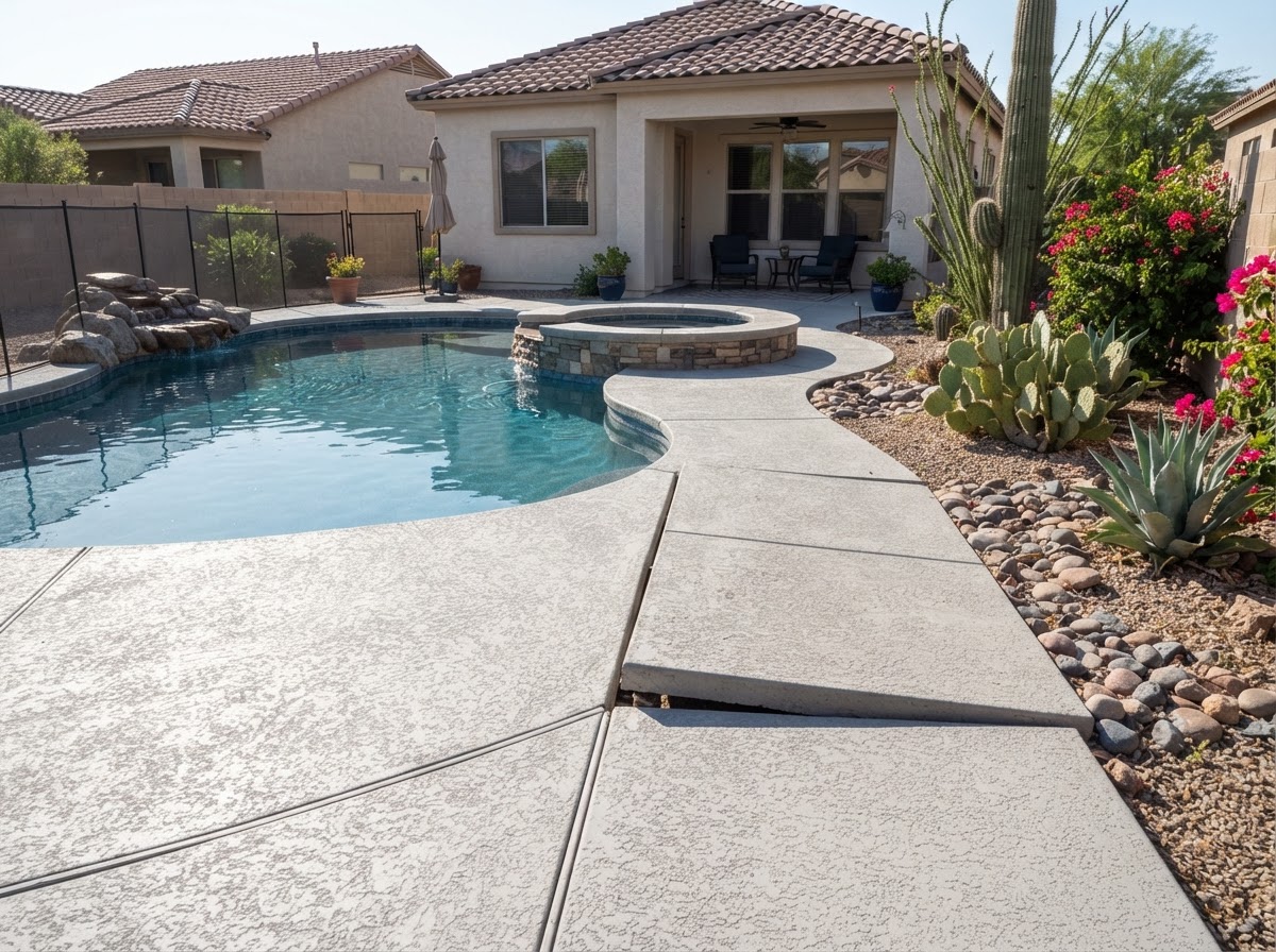Backyard pool deck and patio at a newer Queen Creek home with a settled section