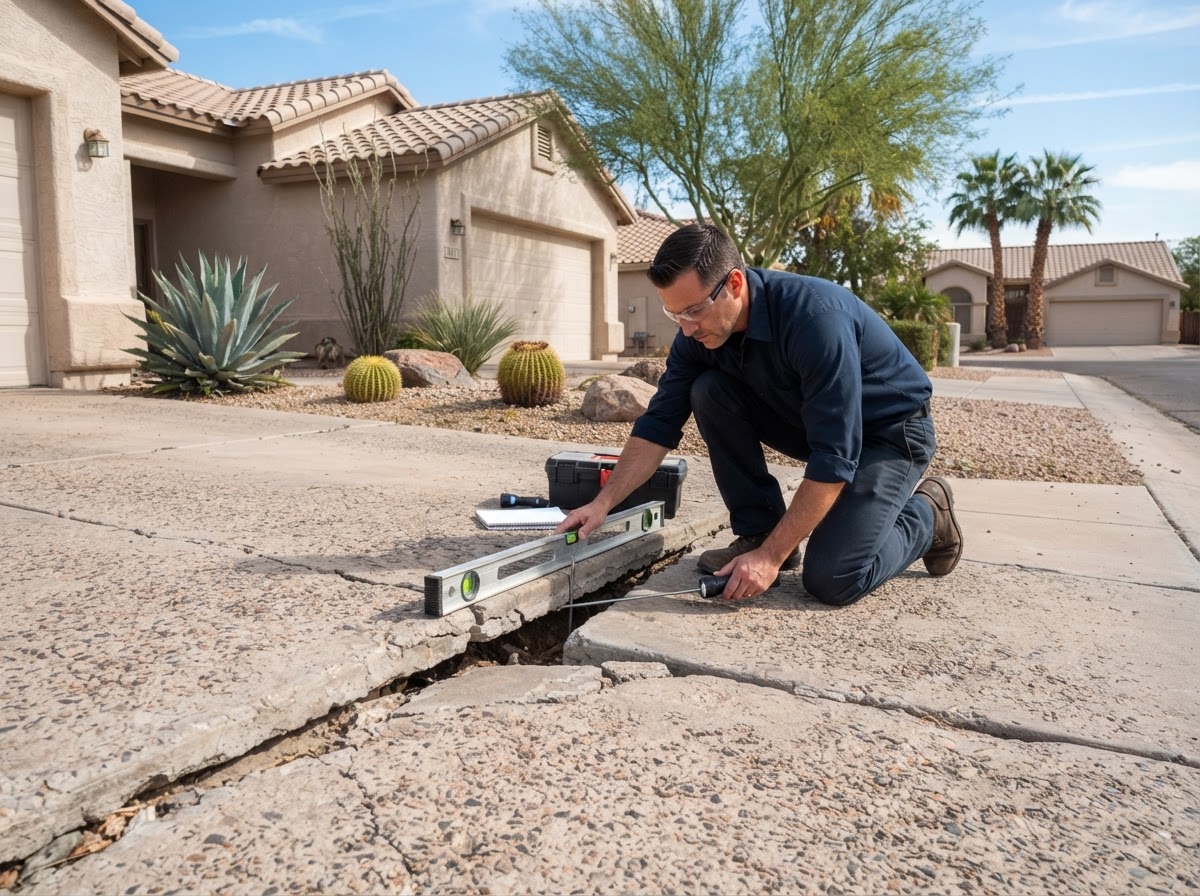 Technician evaluating established concrete flatwork in Sun Lakes