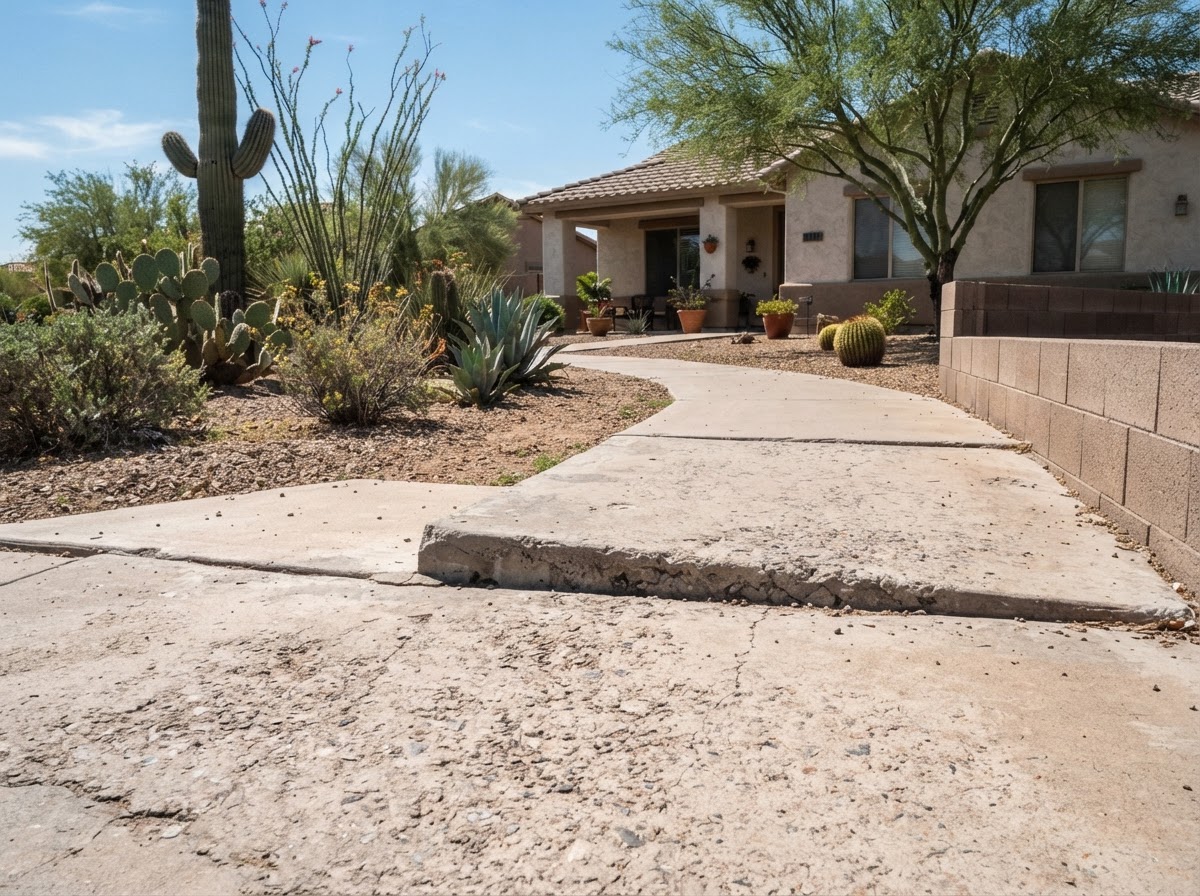 Uneven residential concrete walkway with two panels at different elevations at the joint