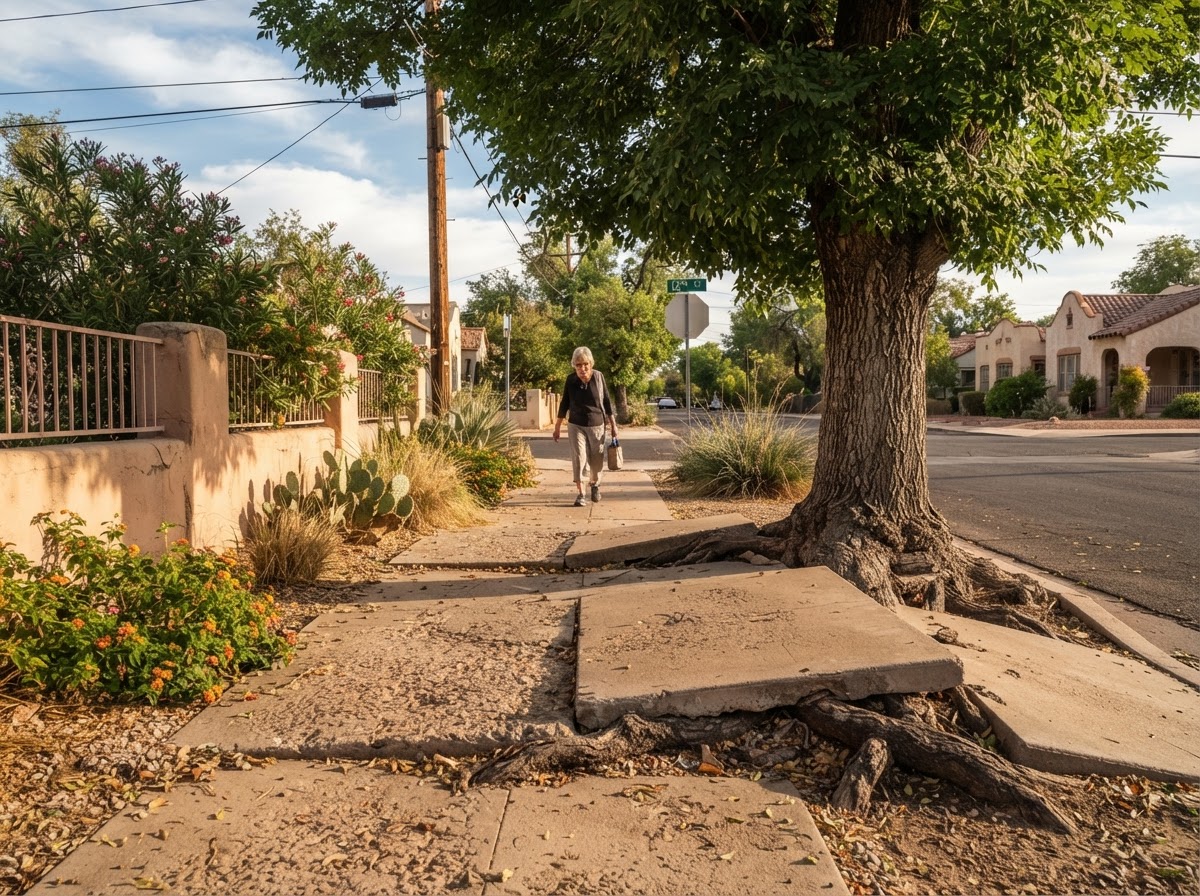 Older Mesa sidewalk with mature tree roots showing an uneven panel transition
