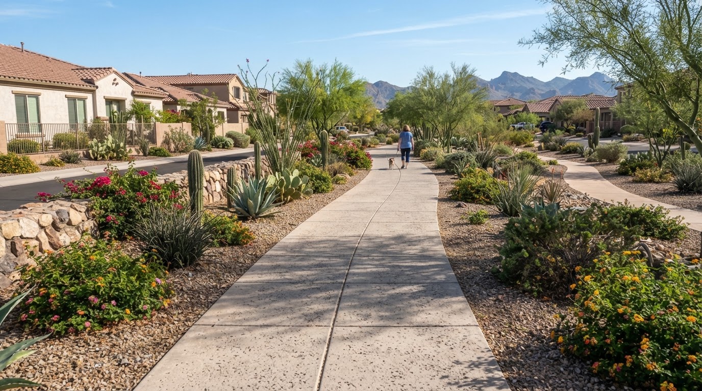 HOA common-area concrete sidewalk in a planned residential community showing multiple walkway panels