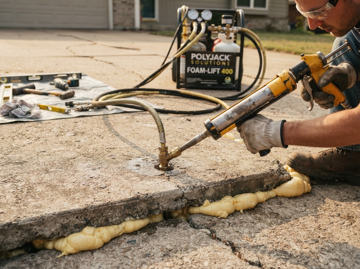 Polyjacking equipment and injection ports on a concrete slab in Queen Creek