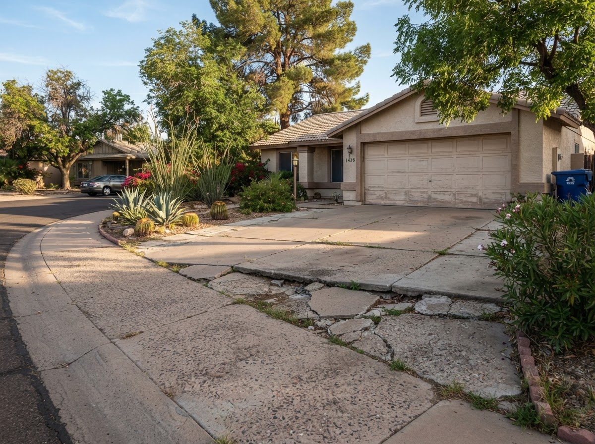 Older Mesa neighborhood driveway with mature trees showing long-term settlement