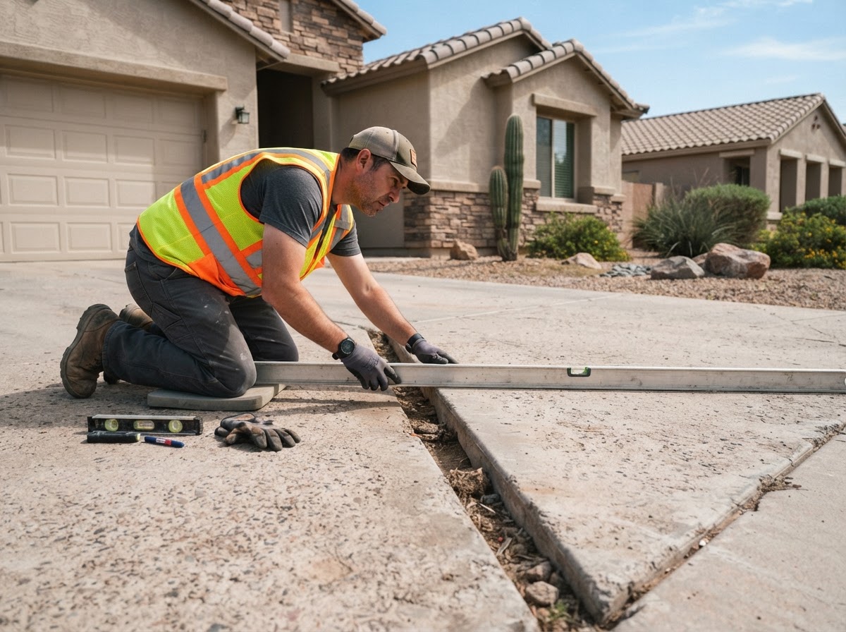 Concrete leveling technician inspecting a settled residential driveway slab in Gilbert, AZ