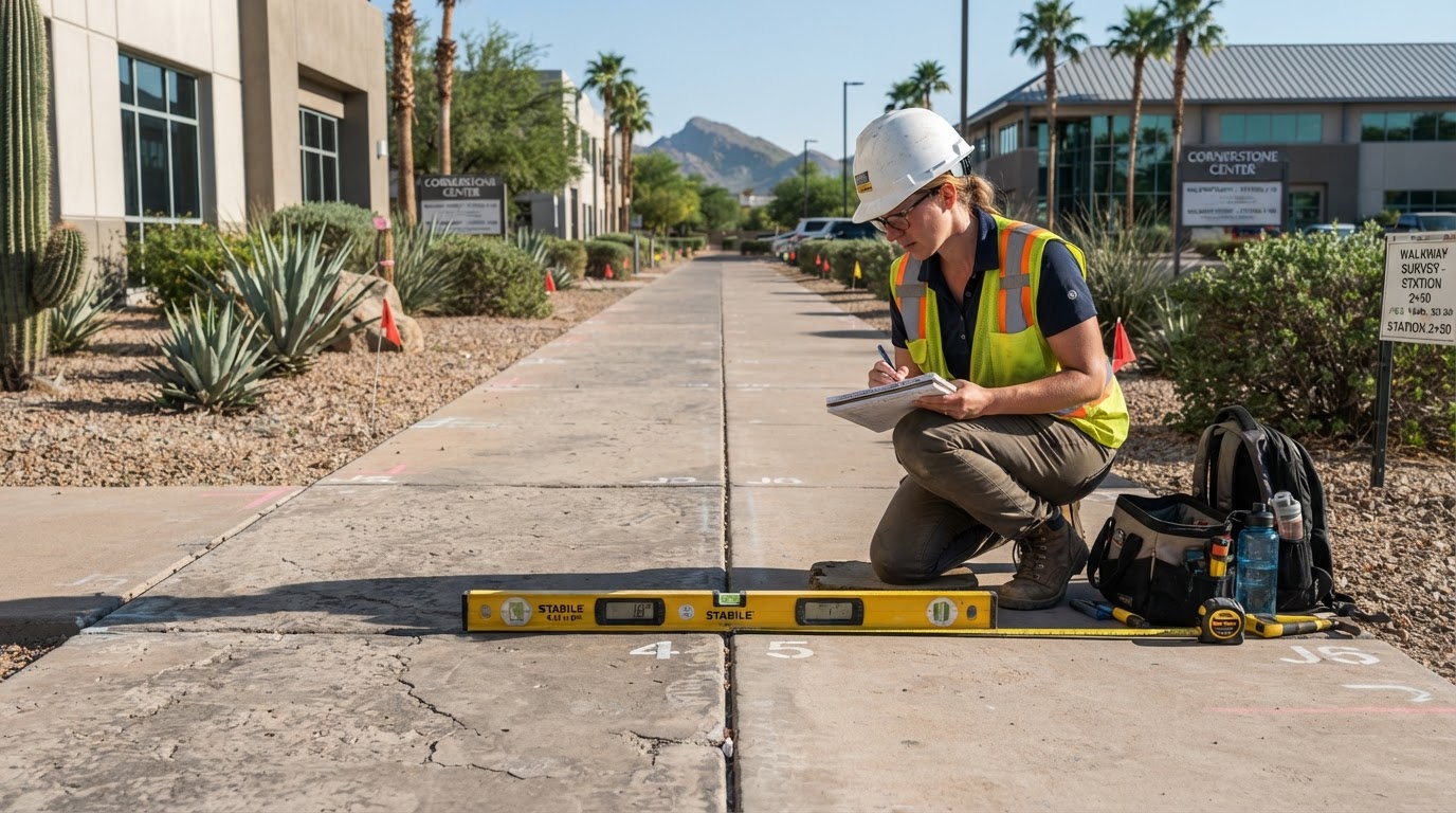 Technician documenting multiple concrete slab elevations with measurement tools along a commercial walkway