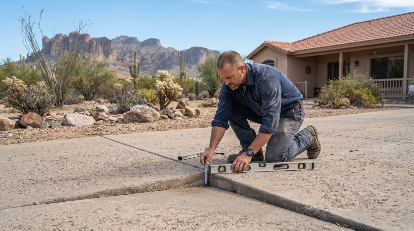 Concrete leveling technician assessing a settled driveway at an Apache Junction, Arizona property with desert foothill context