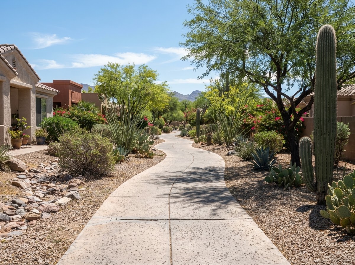 HOA common-area sidewalk in a mature Sun Lakes community