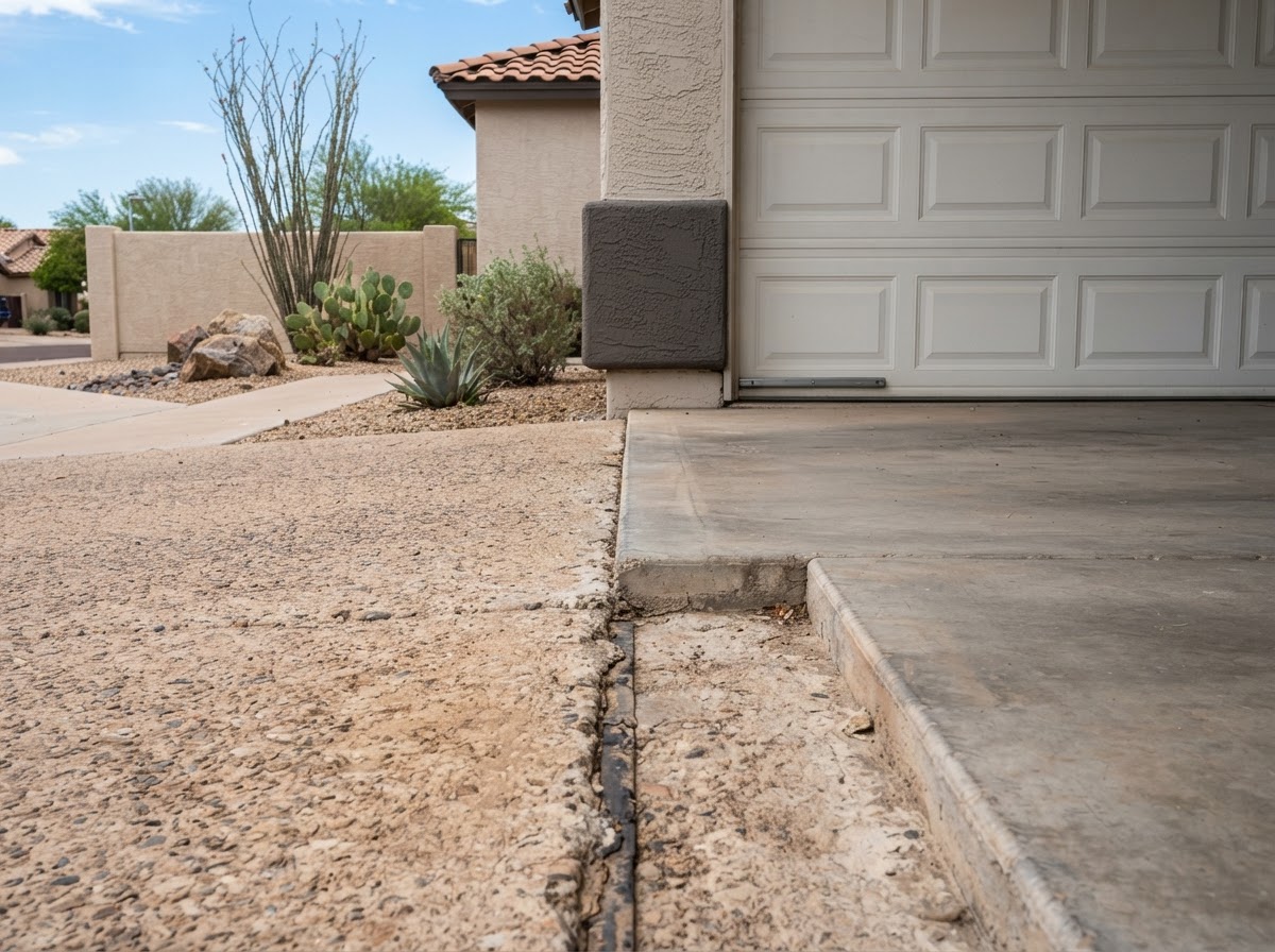 Garage-to-driveway concrete transition with a modest height offset where the approach meets the garage floor