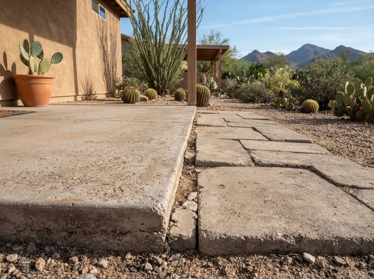 Patio-to-walkway concrete transition in an Arizona backyard with a slight height difference between the two surfaces
