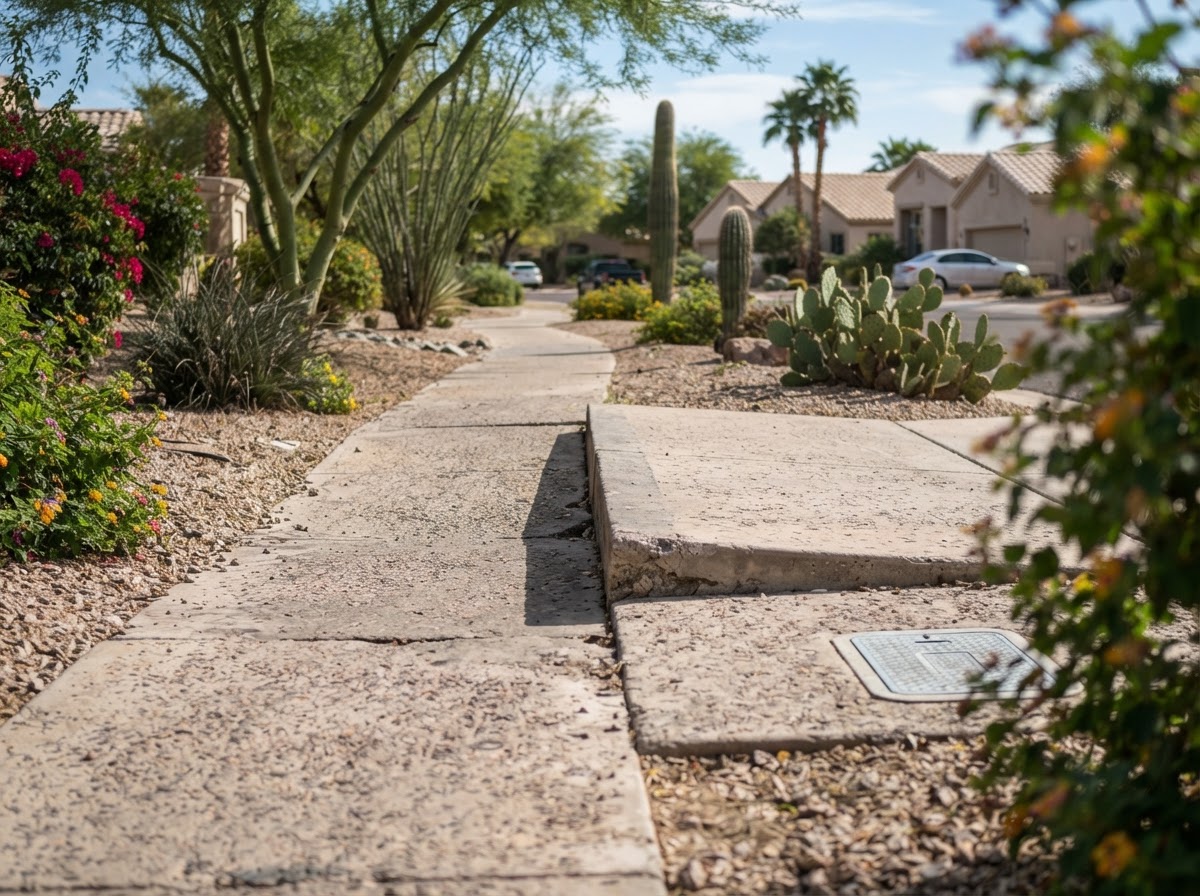 Settled sidewalk panel creating a trip transition in a Sun Lakes walkway
