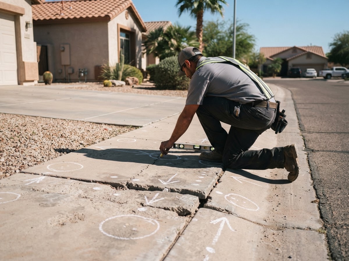 Concrete leveling crew member reviewing slab elevation and marking lifting points