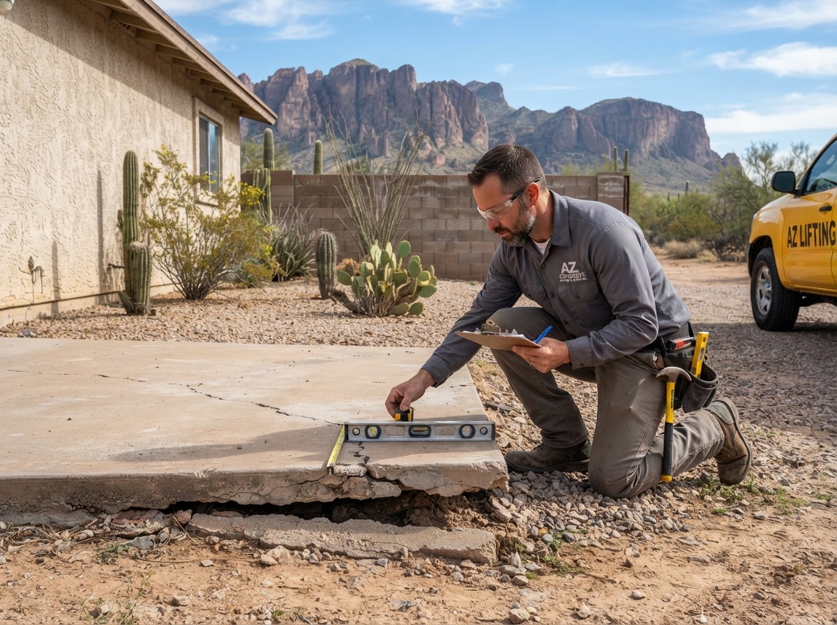 Concrete leveling technician assessing settled driveway flatwork at an Apache Junction desert property