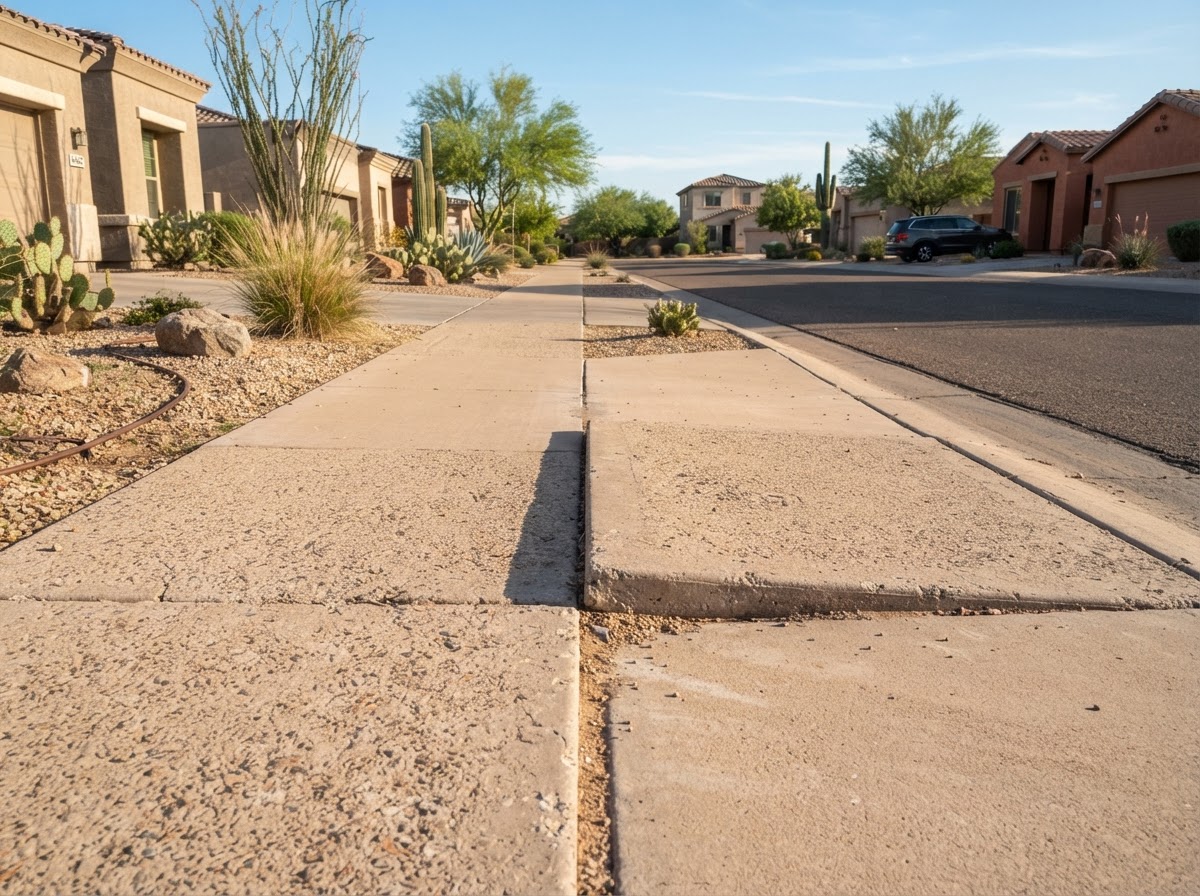 Settled sidewalk panel showing an uneven transition in a newer Queen Creek neighborhood