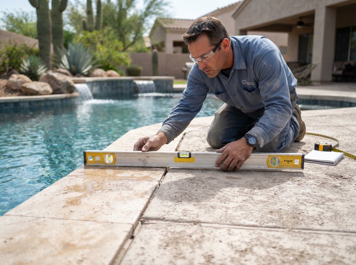 Technician inspecting slab elevation near the pool coping of an Arizona backyard pool deck
