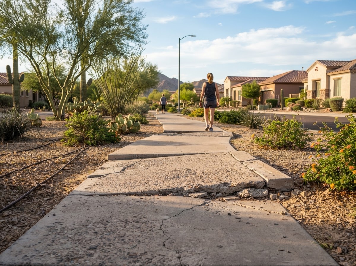 HOA common-area sidewalk in a Queen Creek community with settled panels