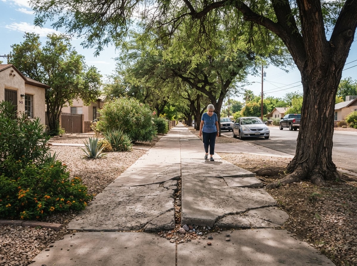 Older Mesa sidewalk with mature landscaping and an uneven panel transition