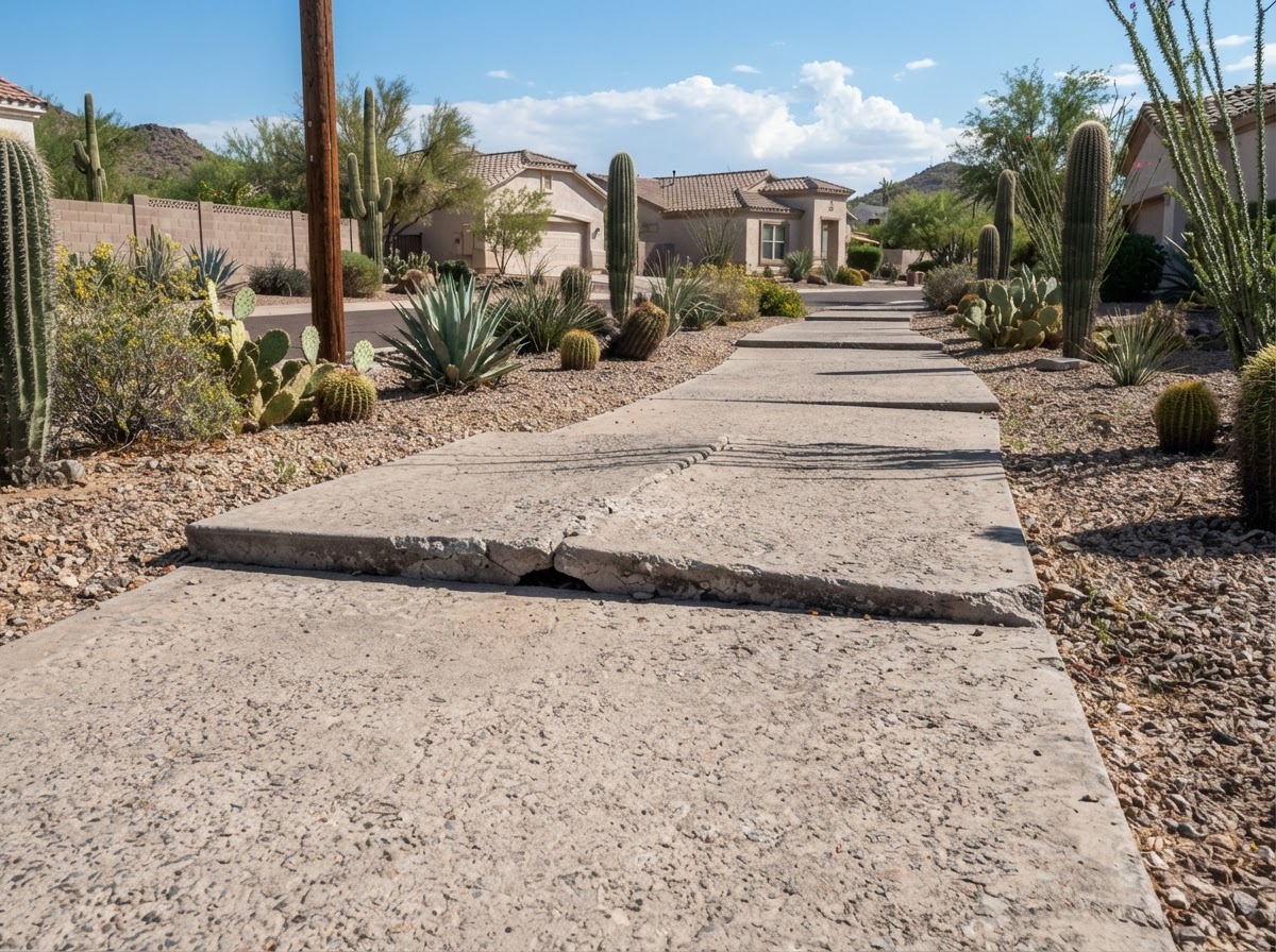 HOA common-area sidewalk with settled uneven slabs at the joints