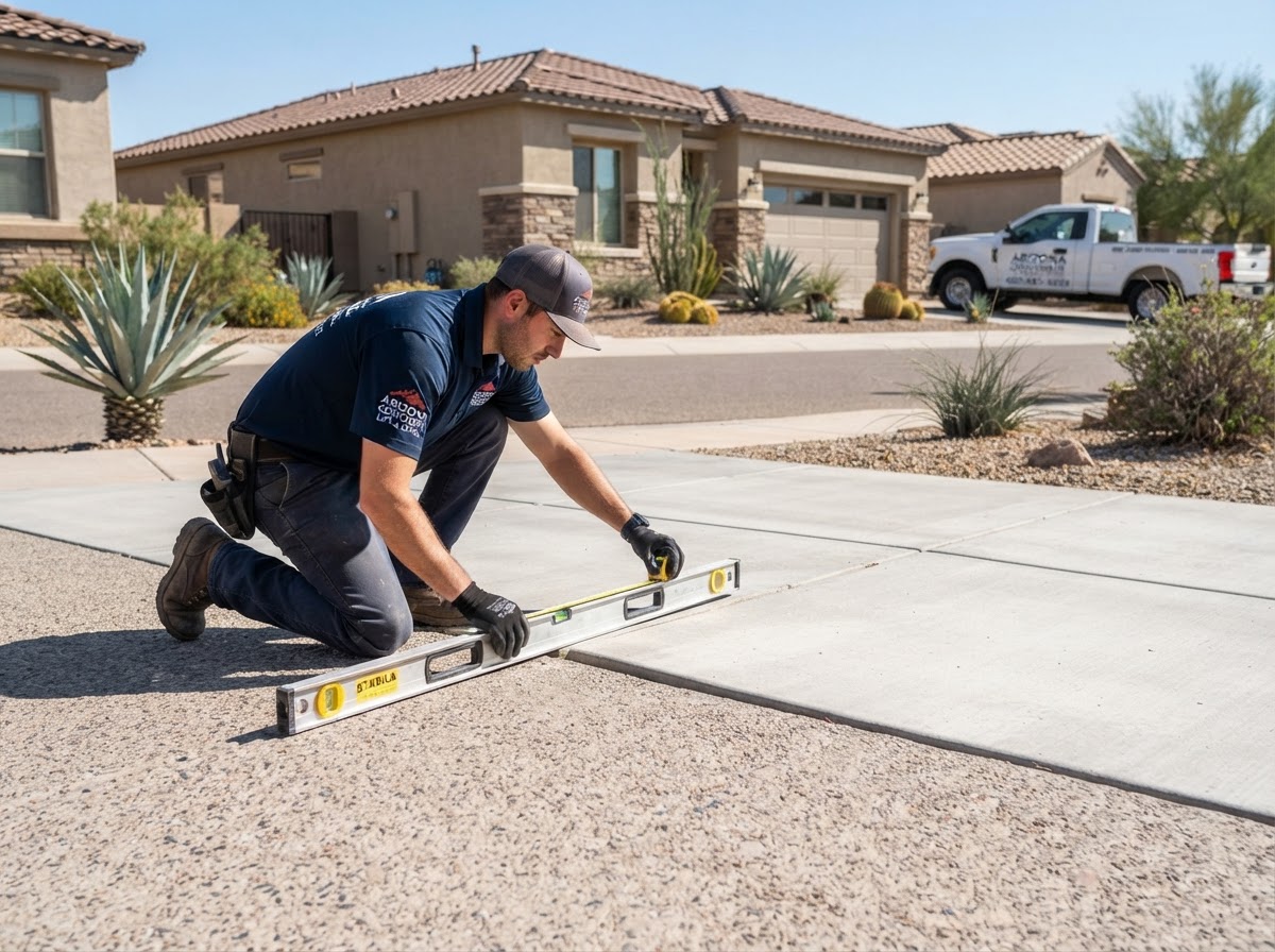 Technician using a measurement tool to check driveway panel elevation at a San Tan Valley property