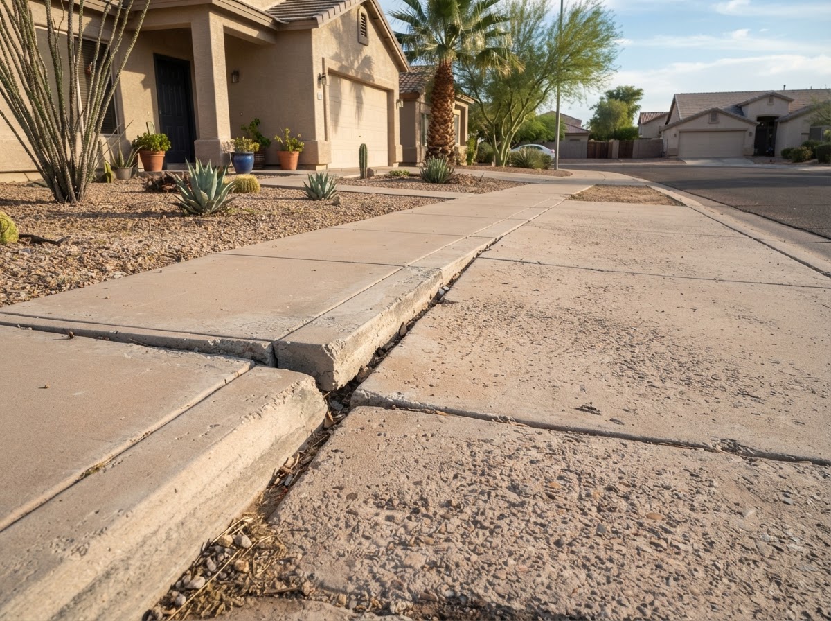 Driveway-to-walkway transition in a Mesa neighborhood showing an uneven concrete transition