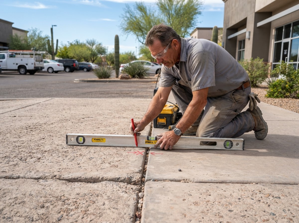 Technician checking slab elevation and transition height on a commercial walkway