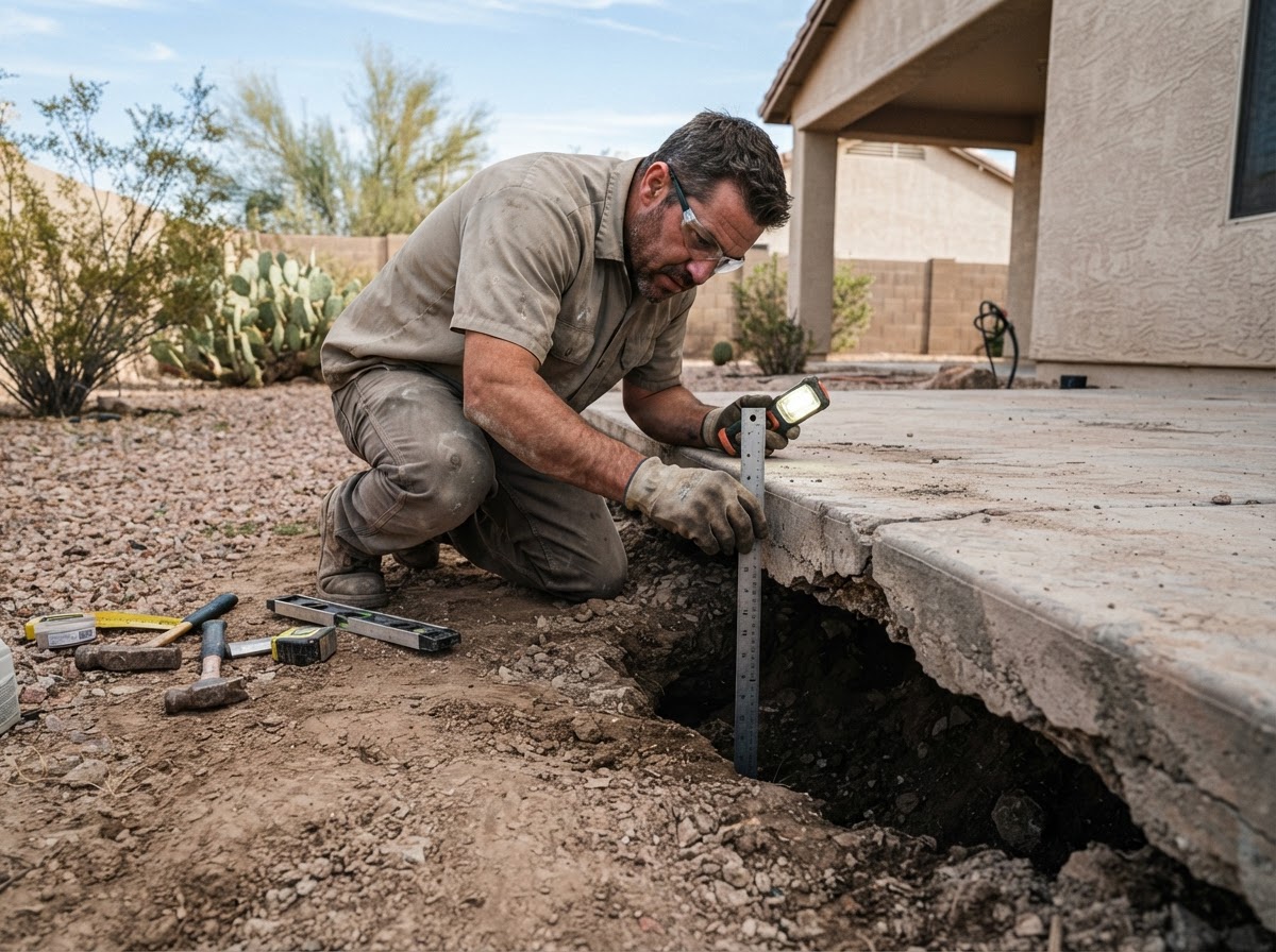 Technician inspecting slab support and elevation beneath a settled concrete slab