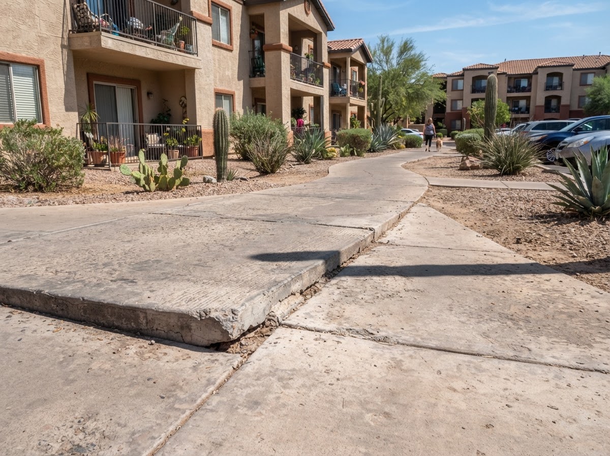 Multifamily apartment community walkway with settled uneven slabs
