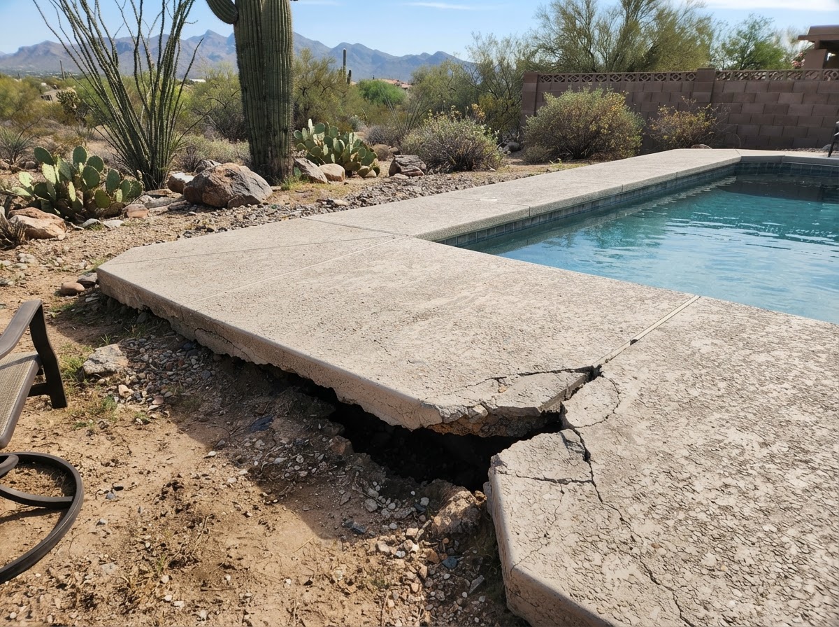 Settled backyard patio slab with a sunken corner in an Arizona yard