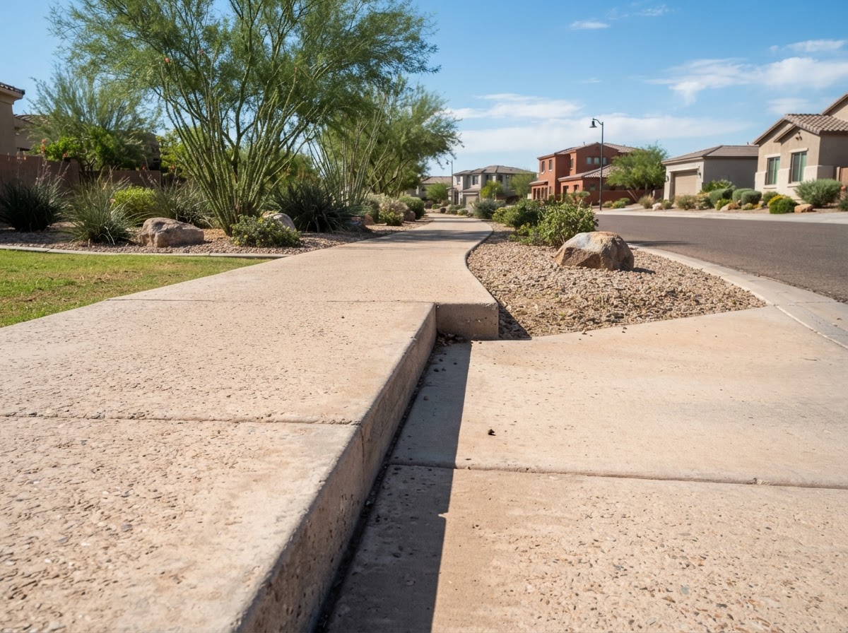 Uneven sidewalk panel transition in a Queen Creek neighborhood