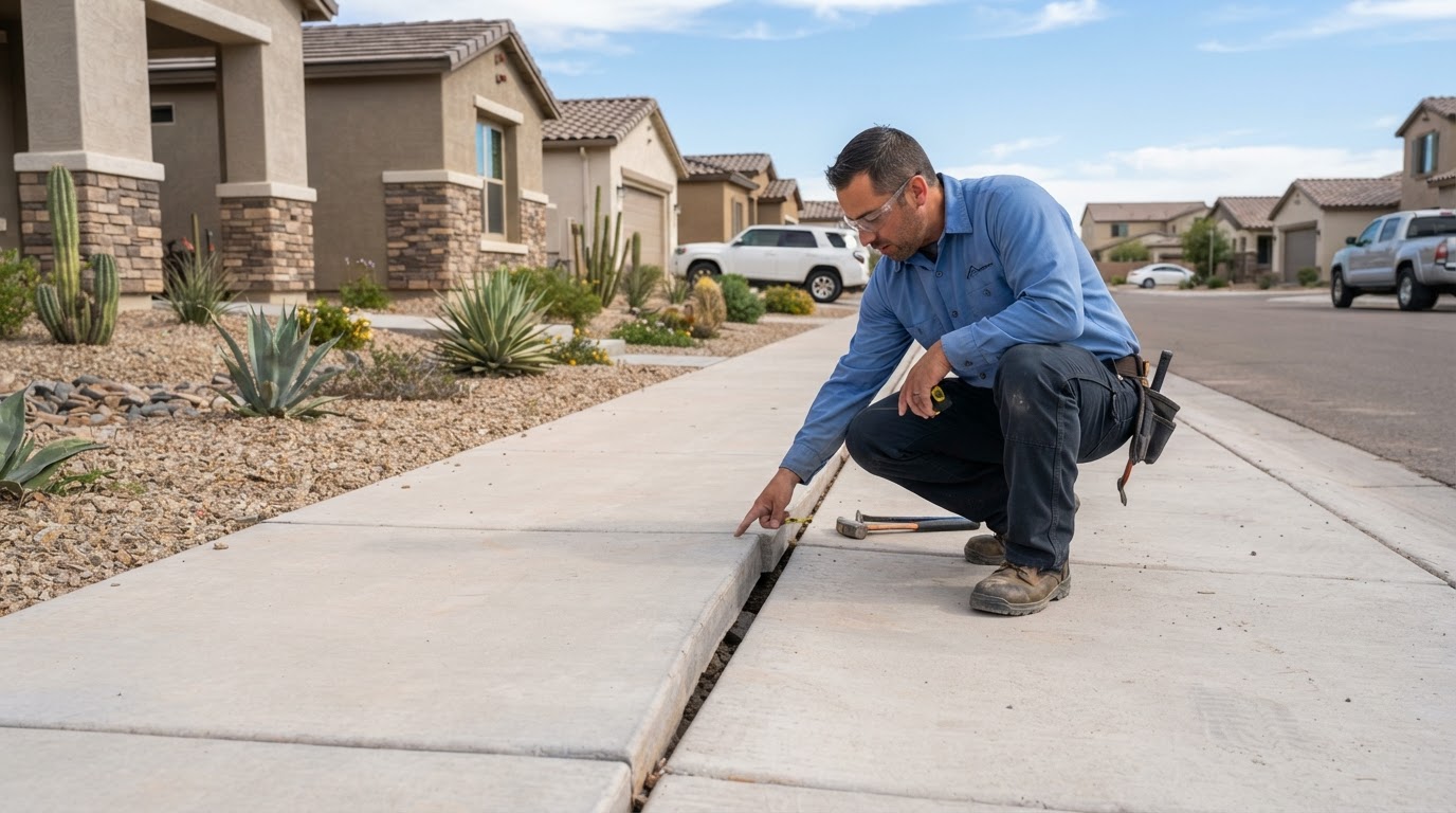 Concrete leveling technician assessing an uneven sidewalk panel in a newer San Tan Valley, Arizona community