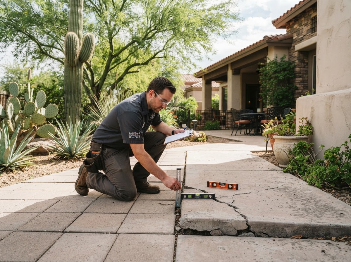 Concrete leveling technician assessing a settled residential slab in a Mesa neighborhood