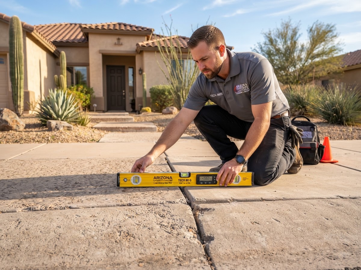 Technician checking sidewalk panel elevation at a Mesa residential property