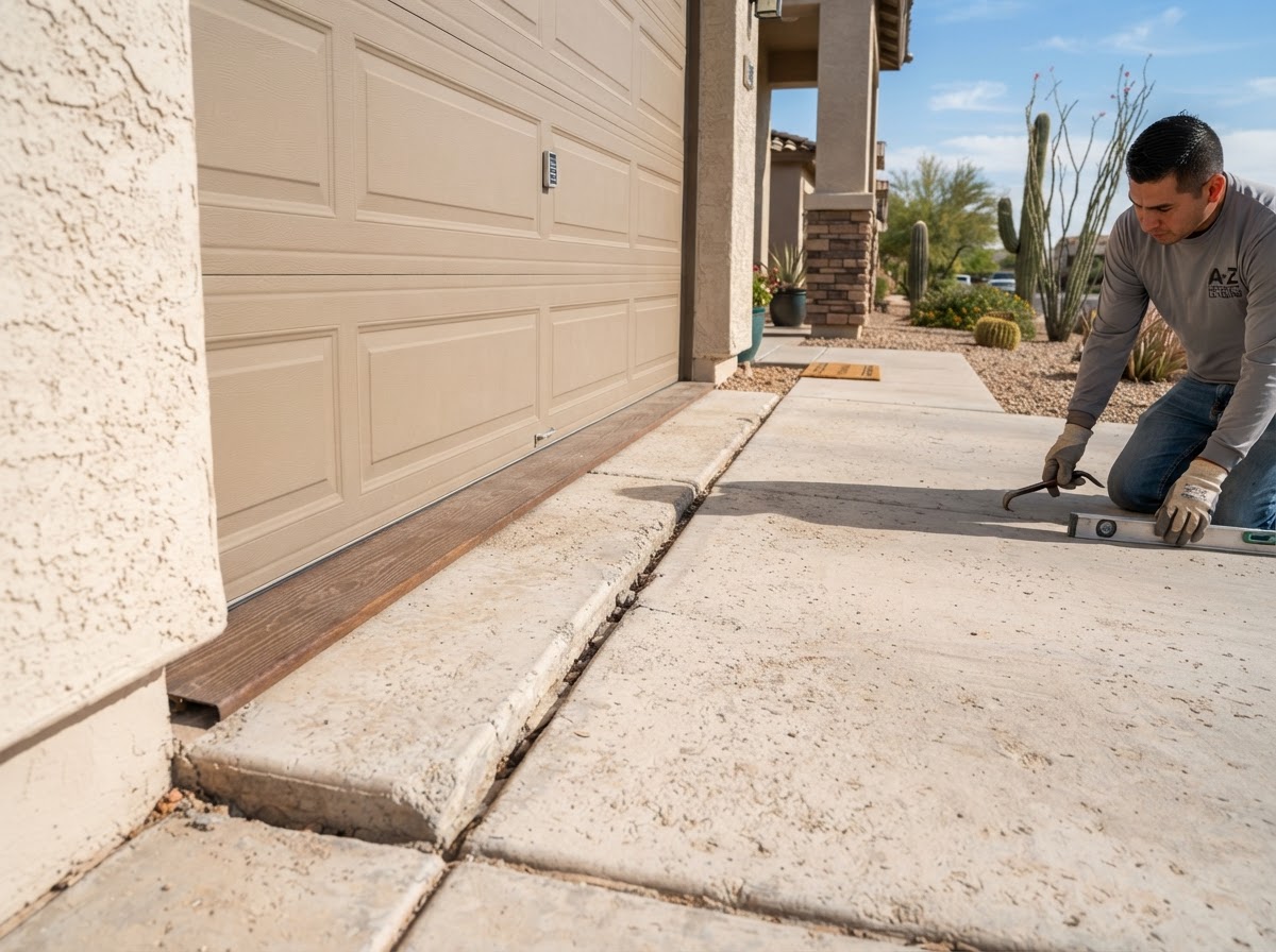 Garage-to-driveway concrete transition with a settled elevation difference at a San Tan Valley home
