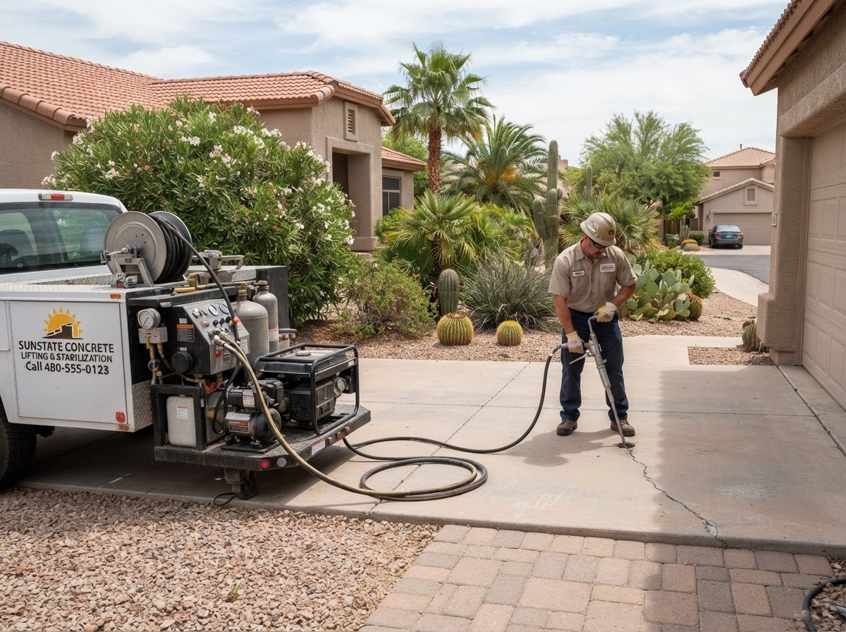 Technician evaluating slab support beneath established Sun Lakes concrete